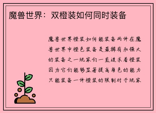 魔兽世界：双橙装如何同时装备
